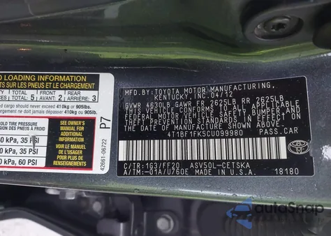 2012 Toyota Camry Se z USA, uszkodzony, nr VIN 4T1BF1FK5CU099980